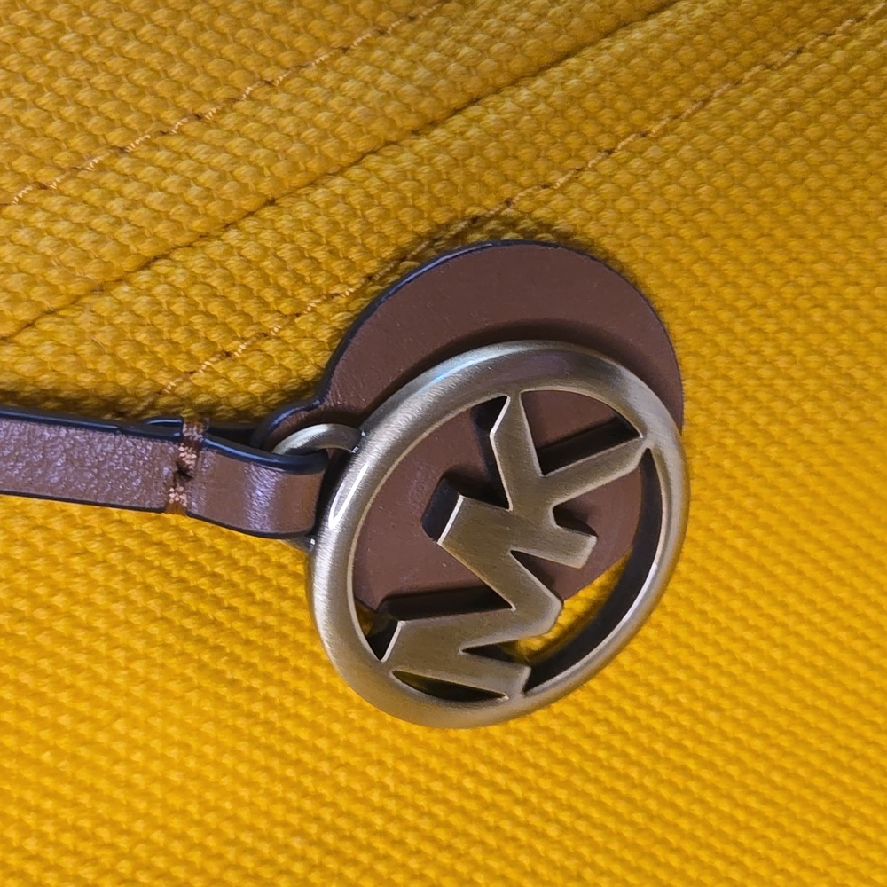 Michael Kors Yellow Fabric Shoulder Hobo Bag with Tan Leather Trim - NEW - Picture 2 of 9
